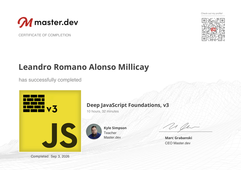 Master.dev certificate for Deep JavaScript Foundations v3 awarded to Leandro Alonso