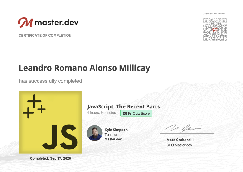 Master.dev certificate for JavaScript: The Recent Parts awarded to Leandro Alonso